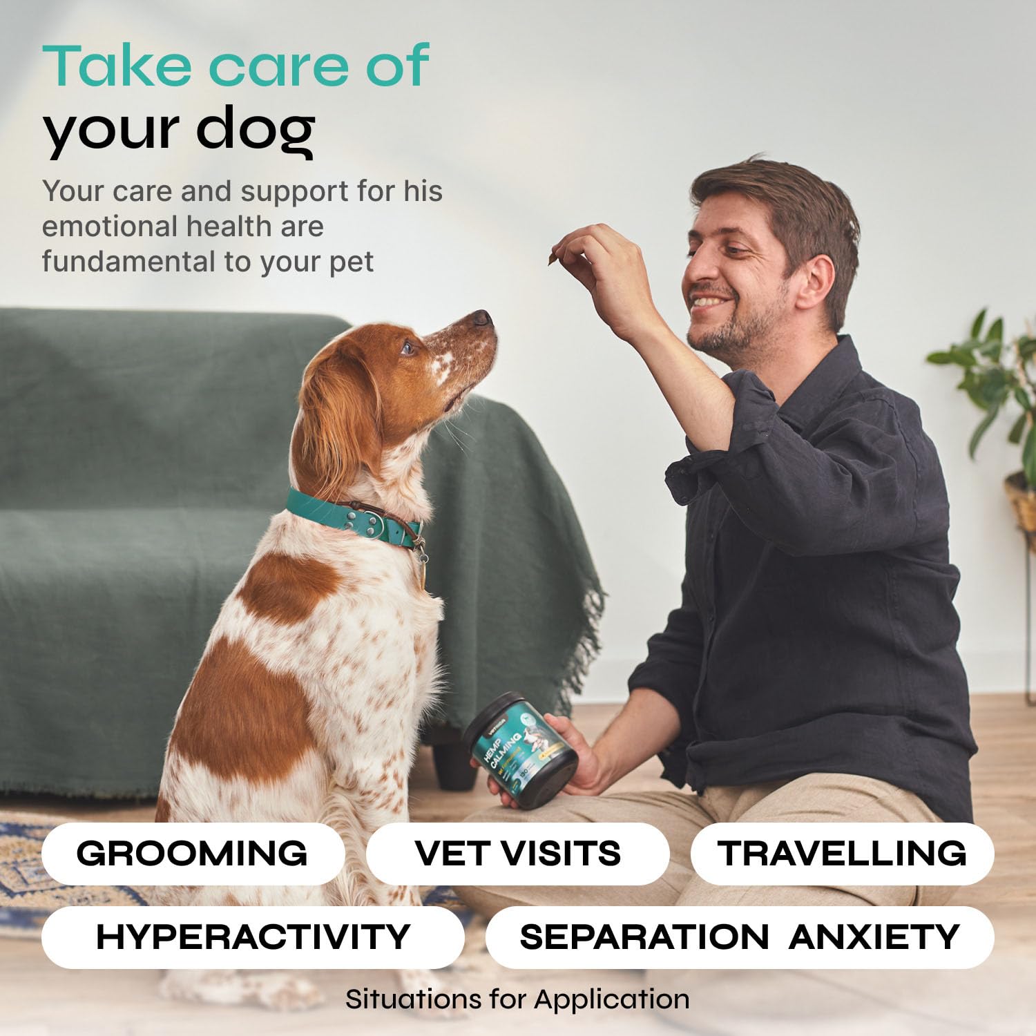 Dog enjoying a Vetrica calming chew, illustrating bite-sized reward