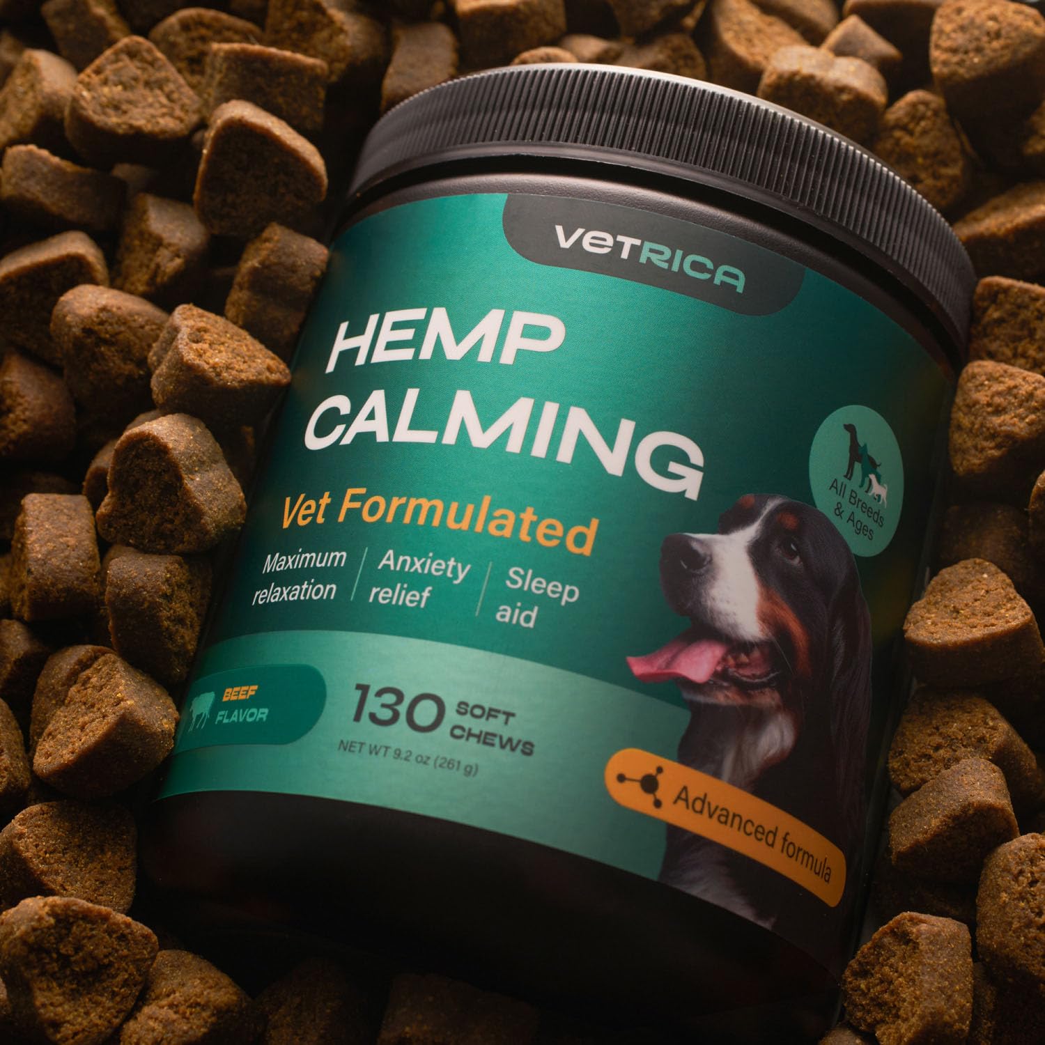 Dog resting calmly after a Vetrica calming chew during grooming