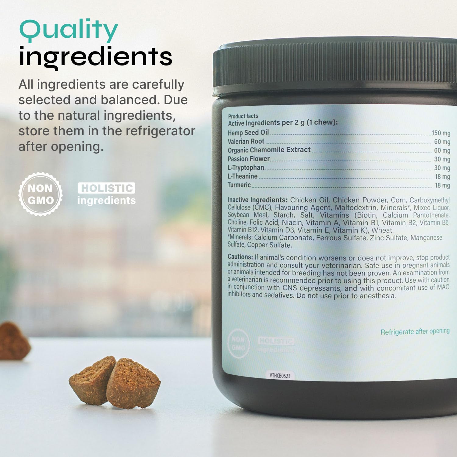 Vetrica calming chews hemp seed oil visual on label hints nourishing wellness