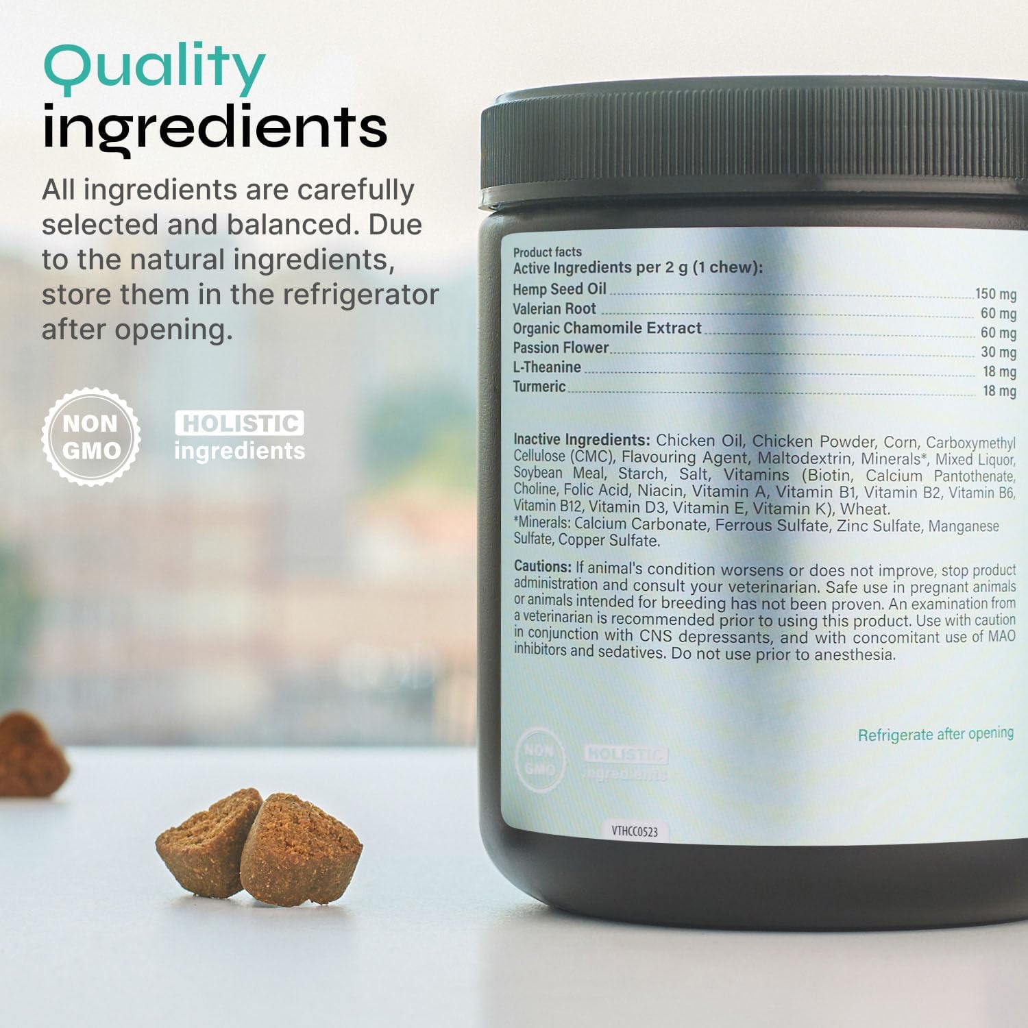 Vetrica Calming Chews vet-visit context; soothing companion during exams.