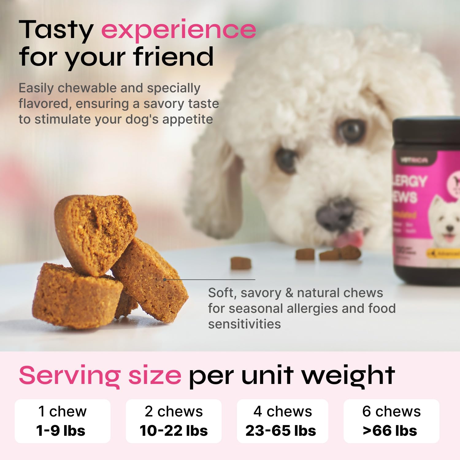 Vetrica hot spot relief chews targeting irritated skin for quick comfort.
