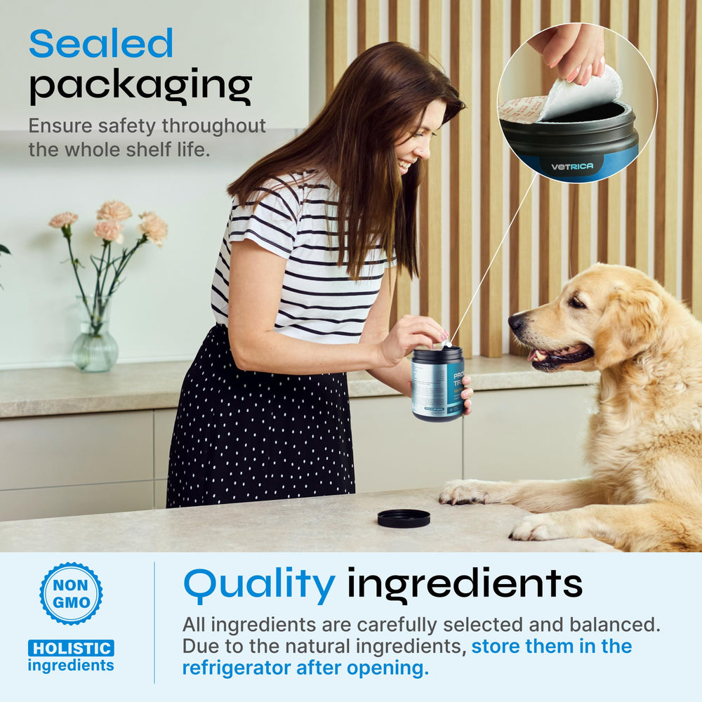 Vetrica vet-formulated treats display professional design underscoring gut health and absorption.