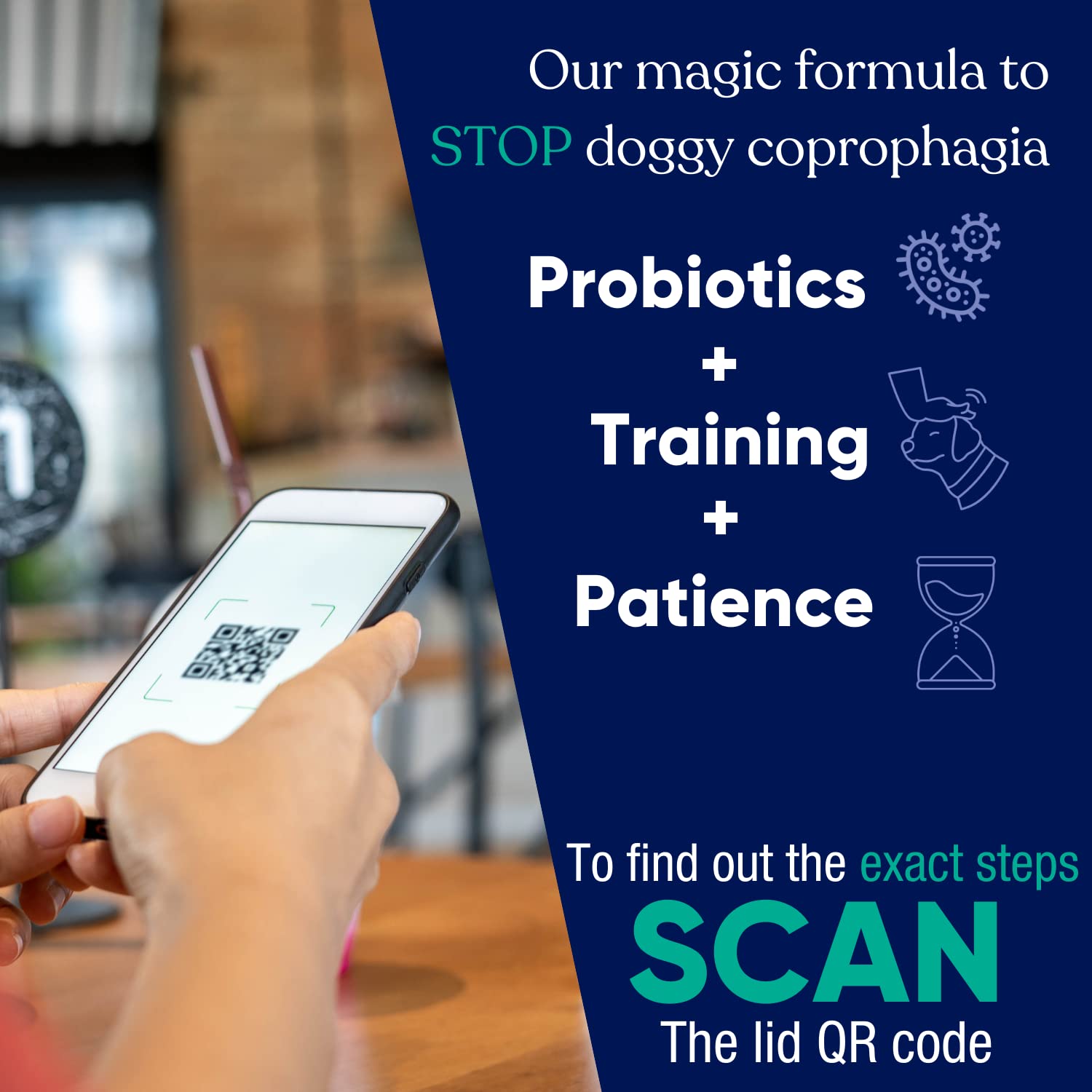 Vetrinex Labs Coprophagia Deterrent bottle close-up highlighting probiotic ingredients.