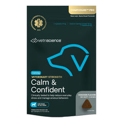 VetriScience Calm & Confident chews bottle shows easy dosing for pet relaxation.
