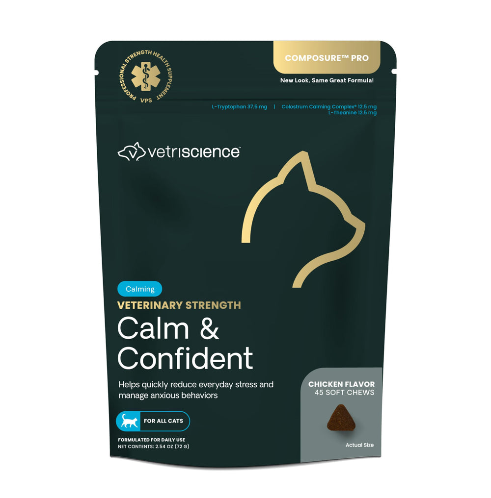 VetriScience Calm & Confident chews in bottle promote relaxed behavior during stressful events.