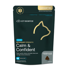 VetriScience Calm & Confident chews in bottle promote relaxed behavior during stressful events.