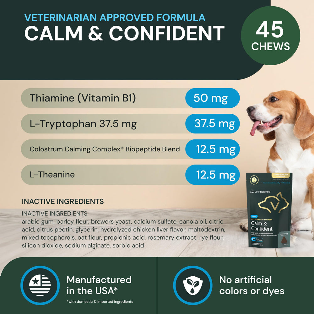 VetriScience Calm & Confident ingredients label highlights L-Theanine and Thiamine for brain support.