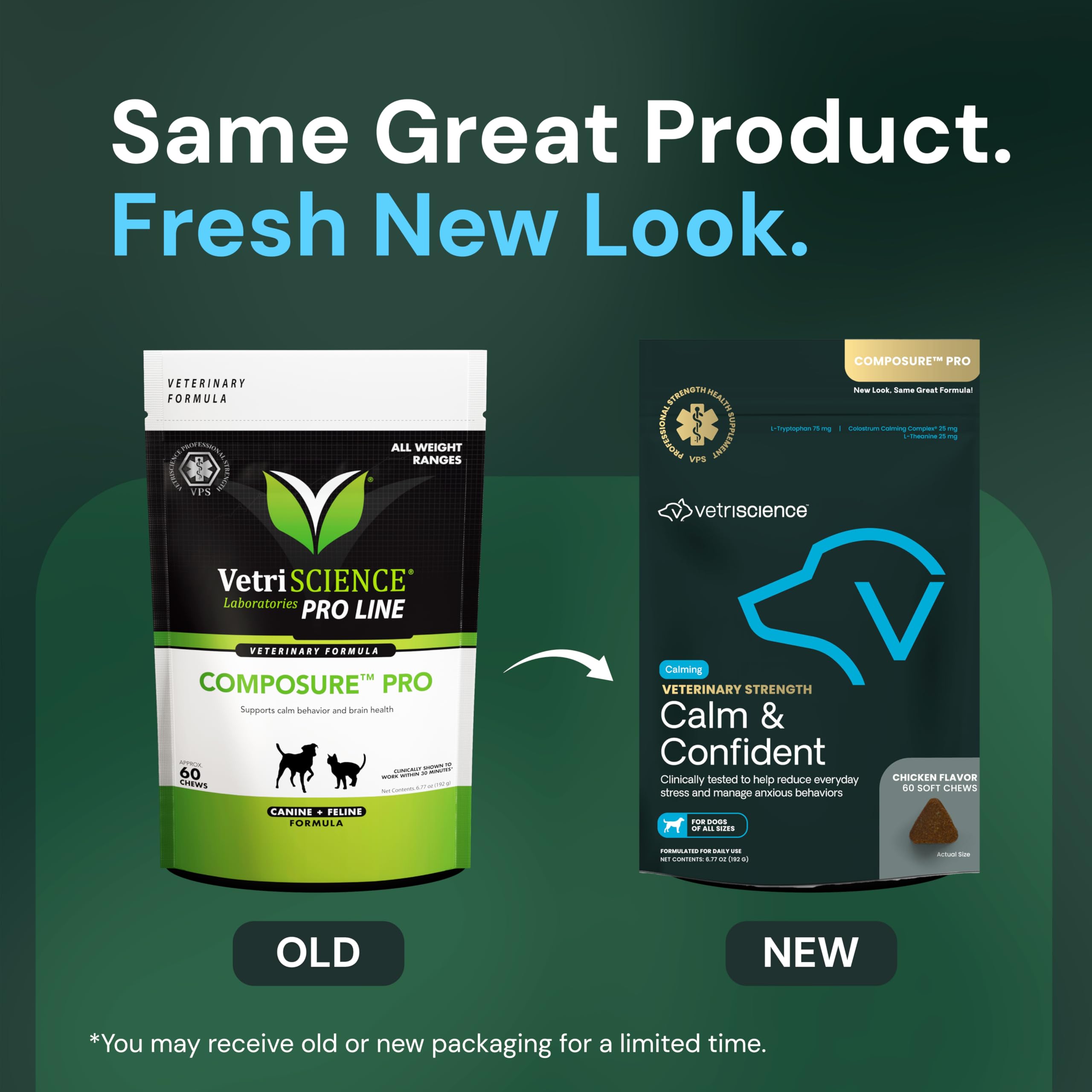 VetriScience Calm & Confident chews pour demonstrates convenient serving for stressed pets.