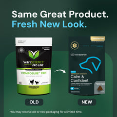 VetriScience Calm & Confident chews pour demonstrates convenient serving for stressed pets.