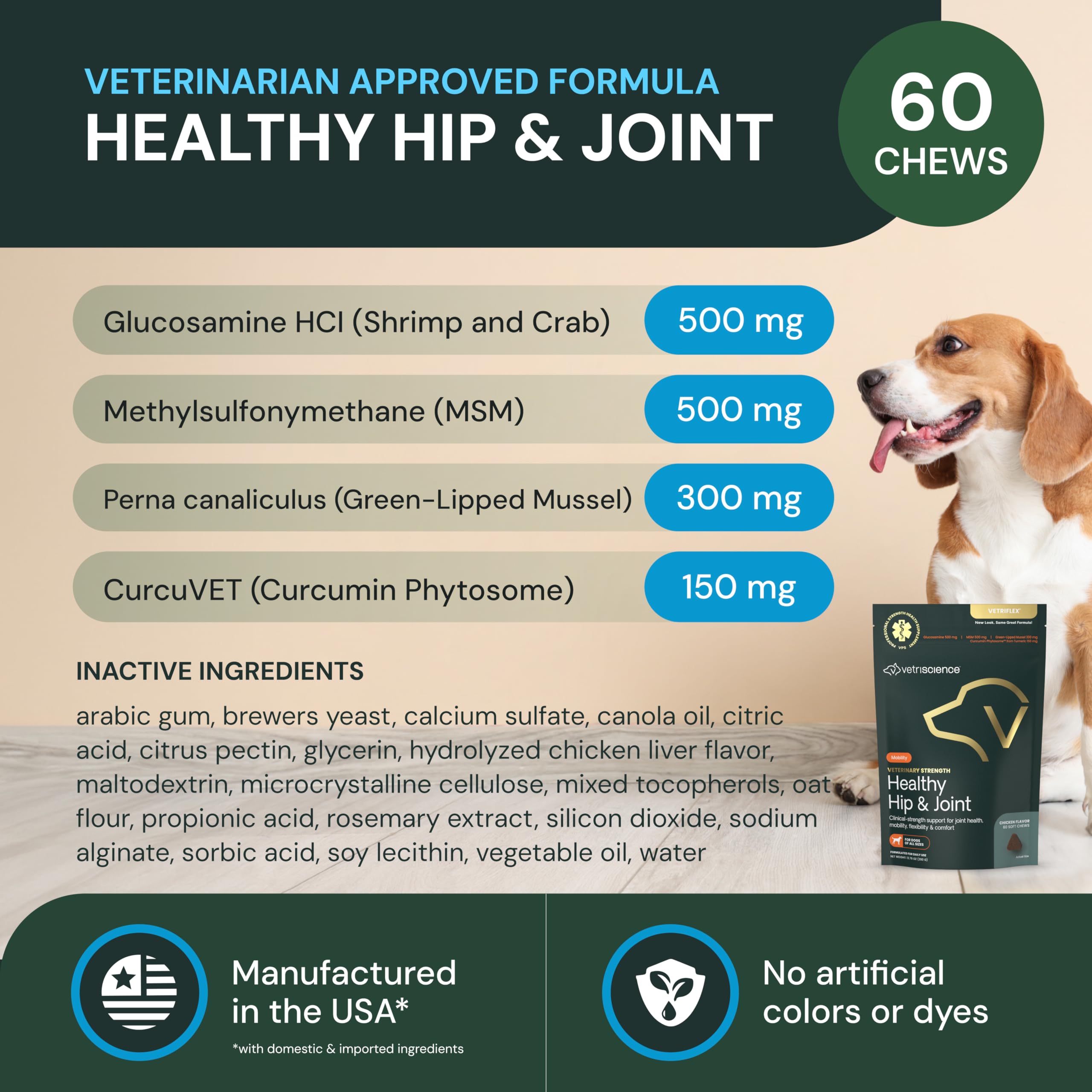 VetriScience dog eating chews scene suggests palatability and movement support.