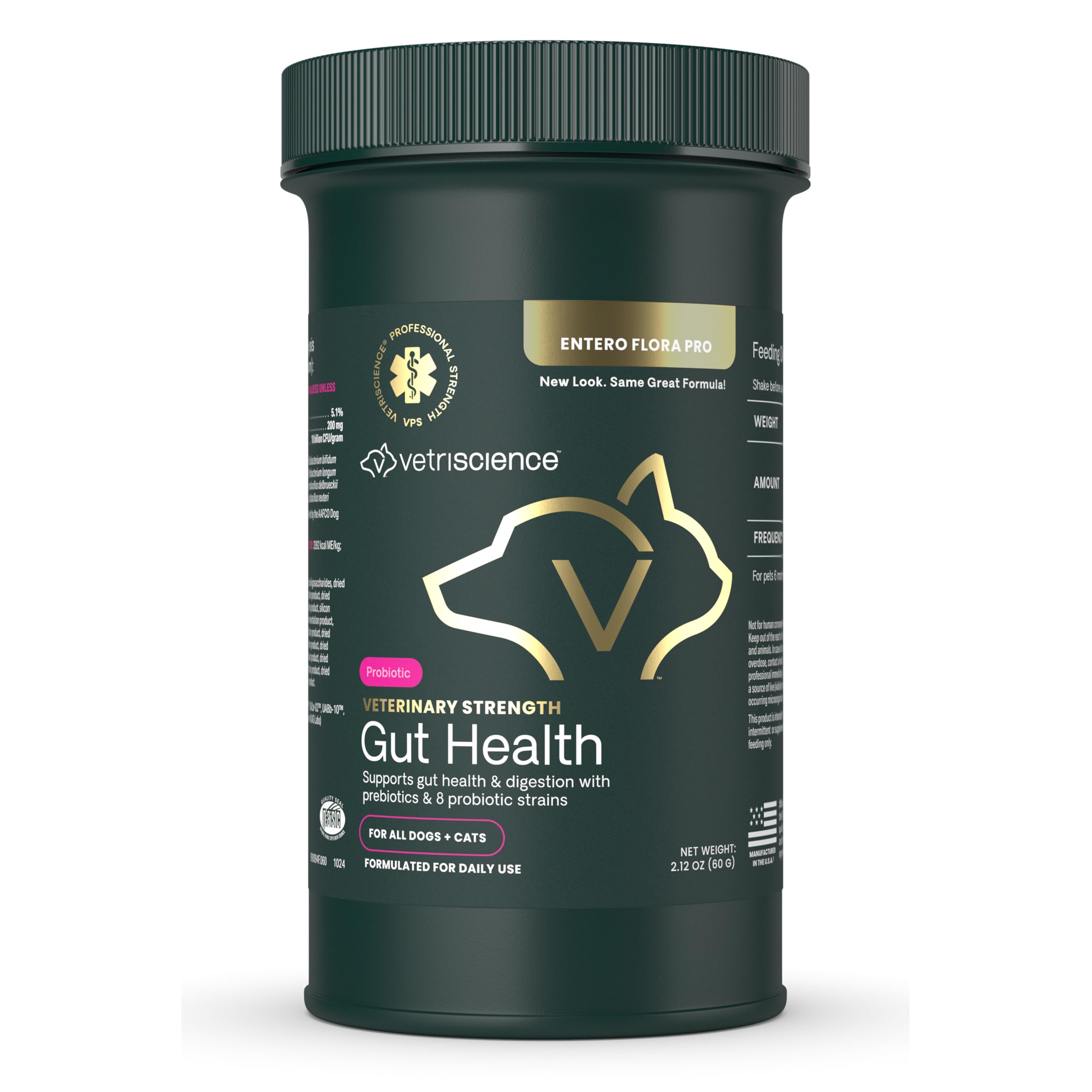 VetriScience Gut Health Powder bottle with scoop supports digestion in dogs and cats.