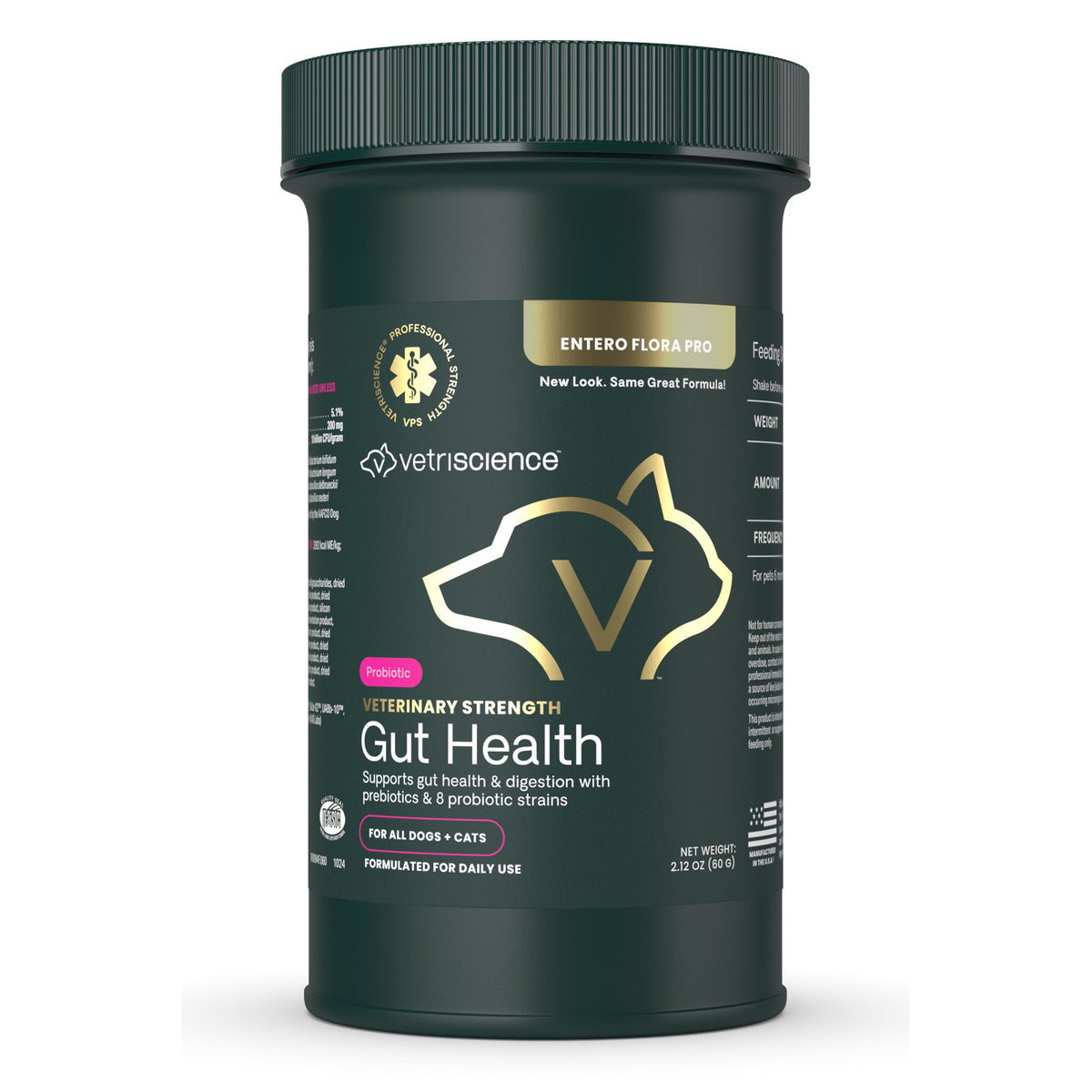 VetriScience Gut Health Powder bottle with scoop supports digestion in dogs and cats.