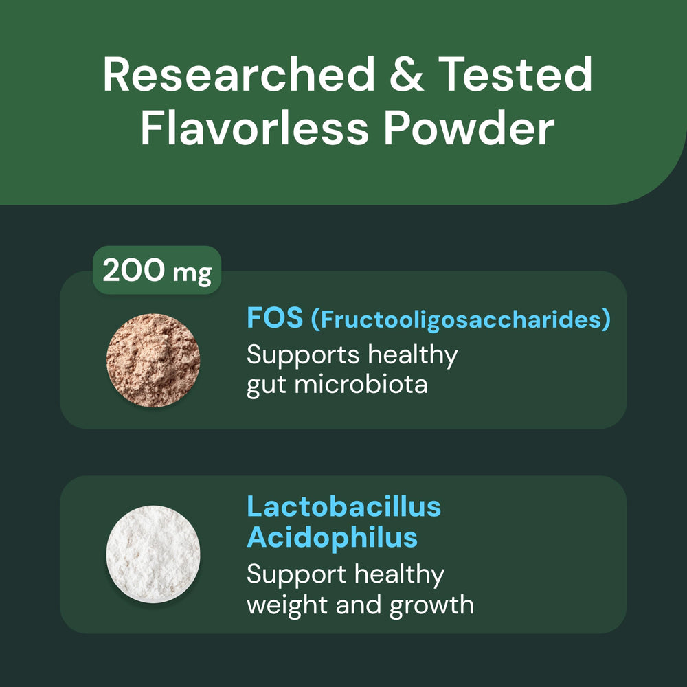 VetriScience Gut Health Powder close-up shows fine texture of tasteless probiotic.