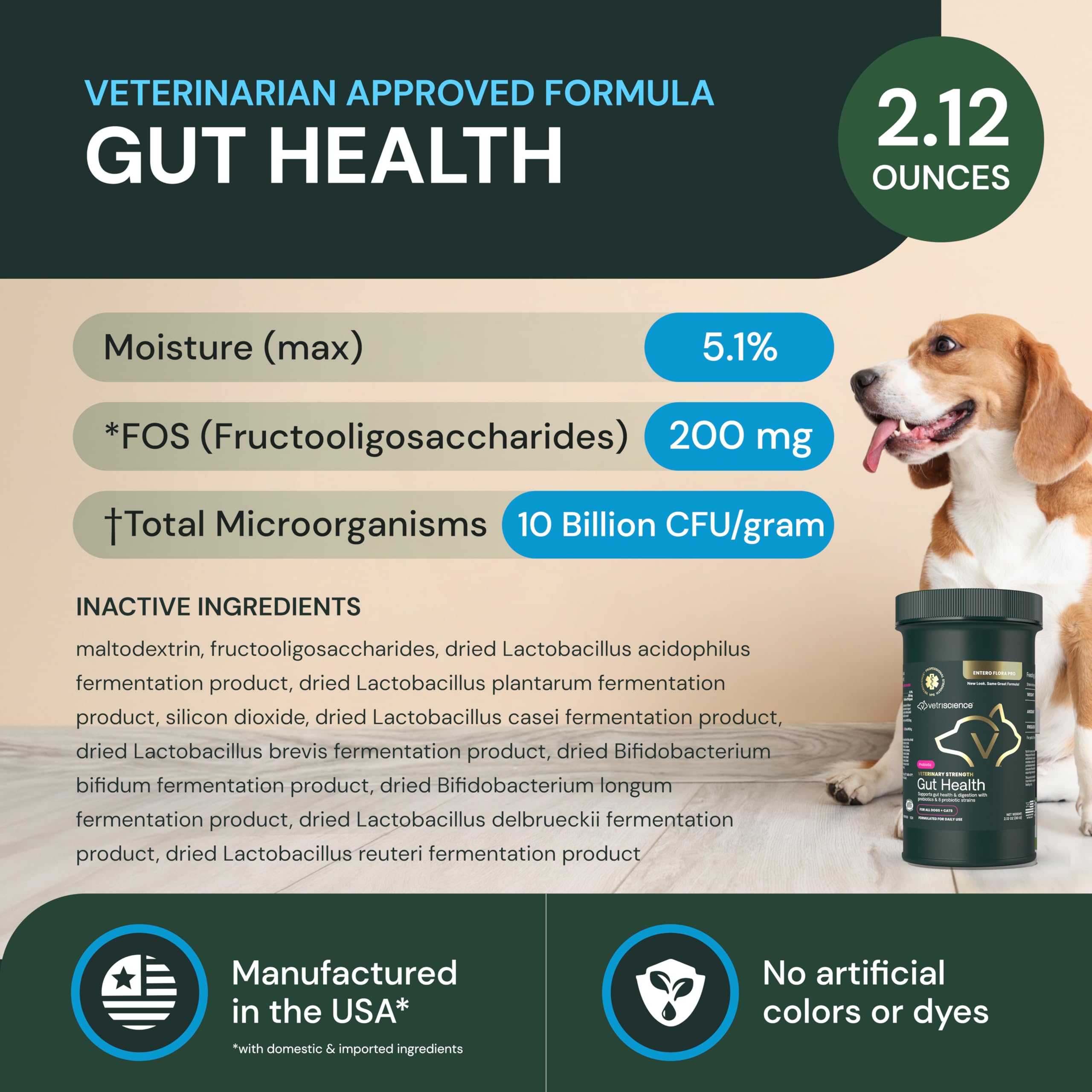 VetriScience Gut Health Powder jar beside pet bowl for daily immune support.