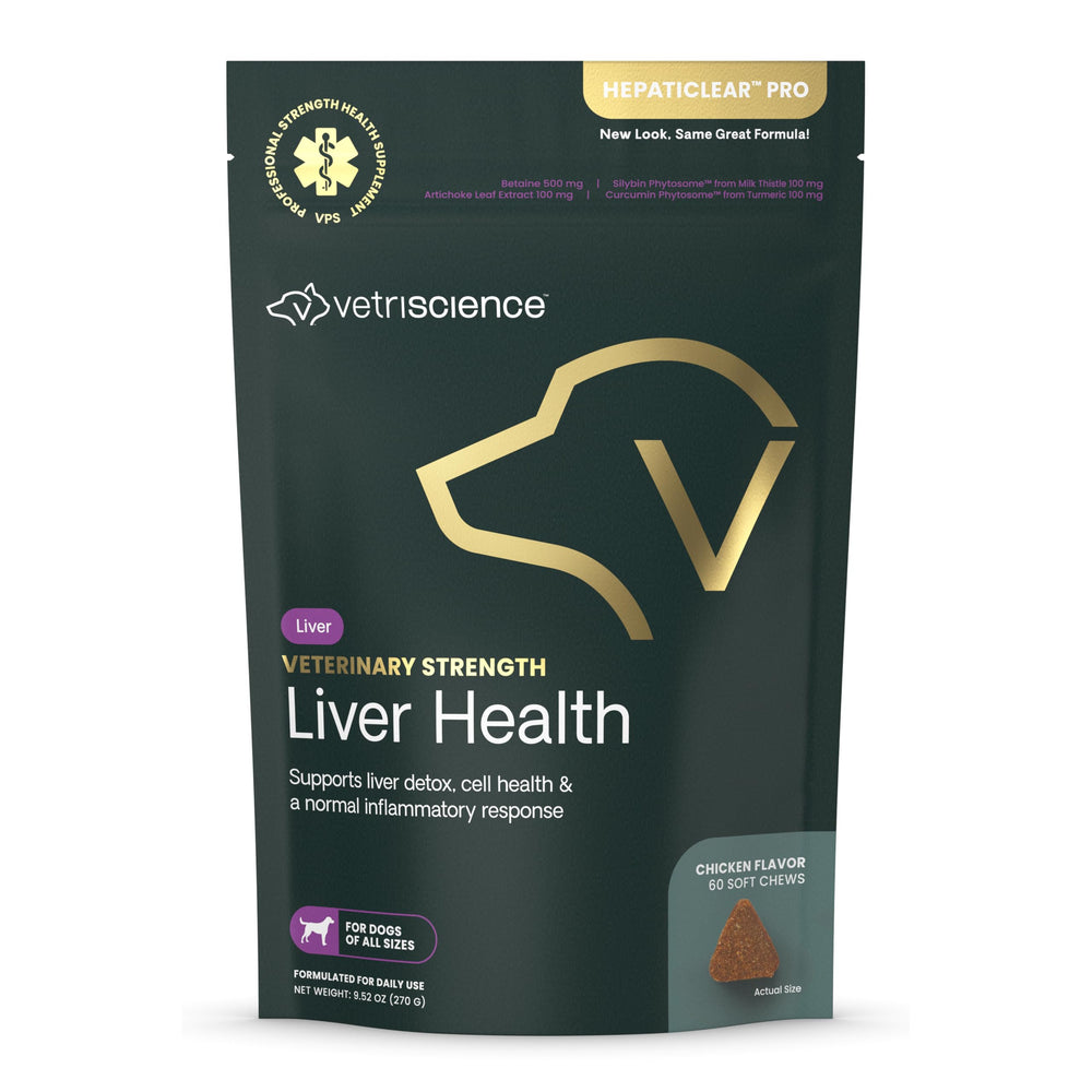VetriScience Liver Health Chews bottle-front showing veterinary-strength liver support for dogs.