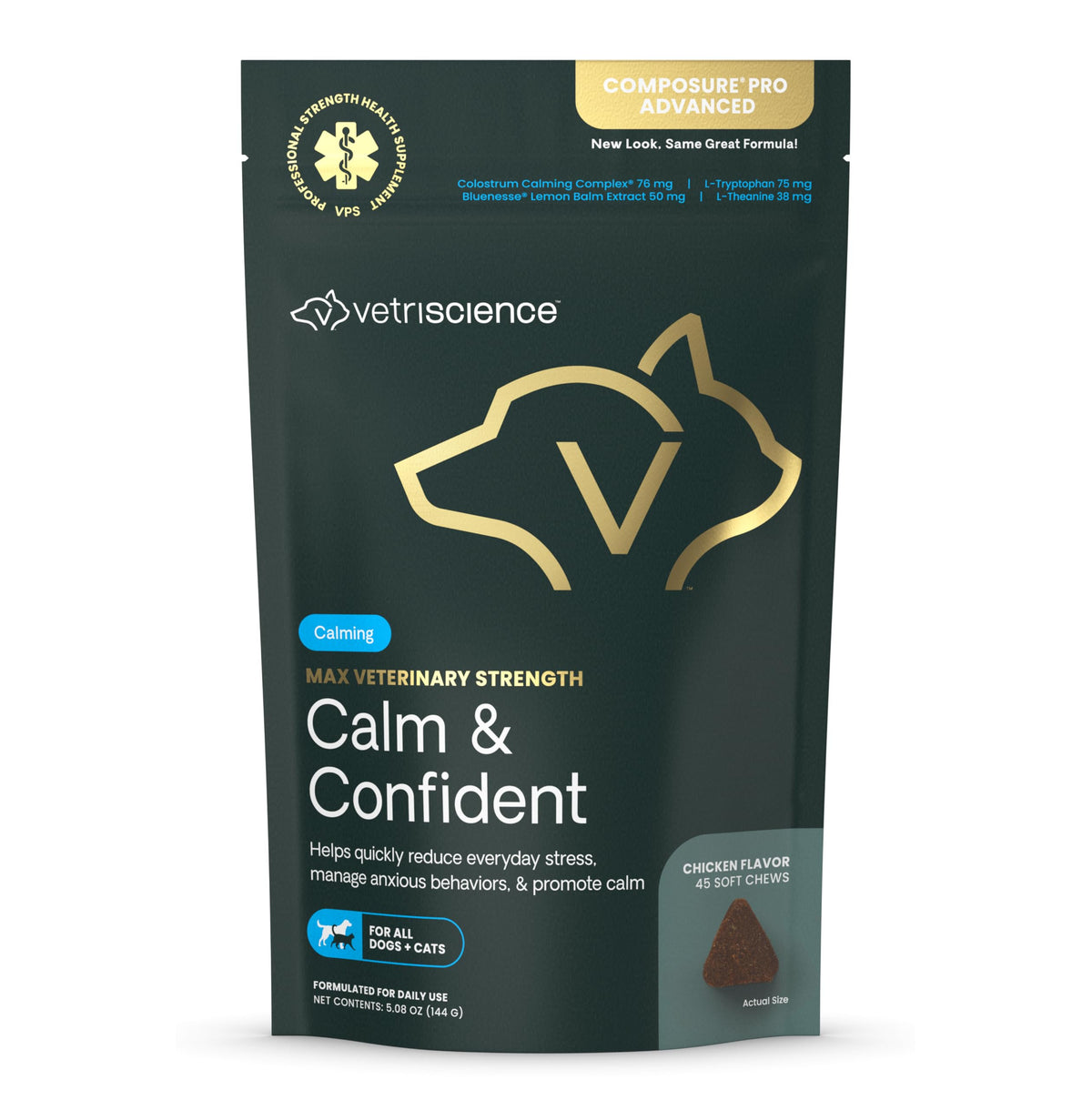 VetriScience Max Calm Chews bottle promotes pet stress relief during travel.