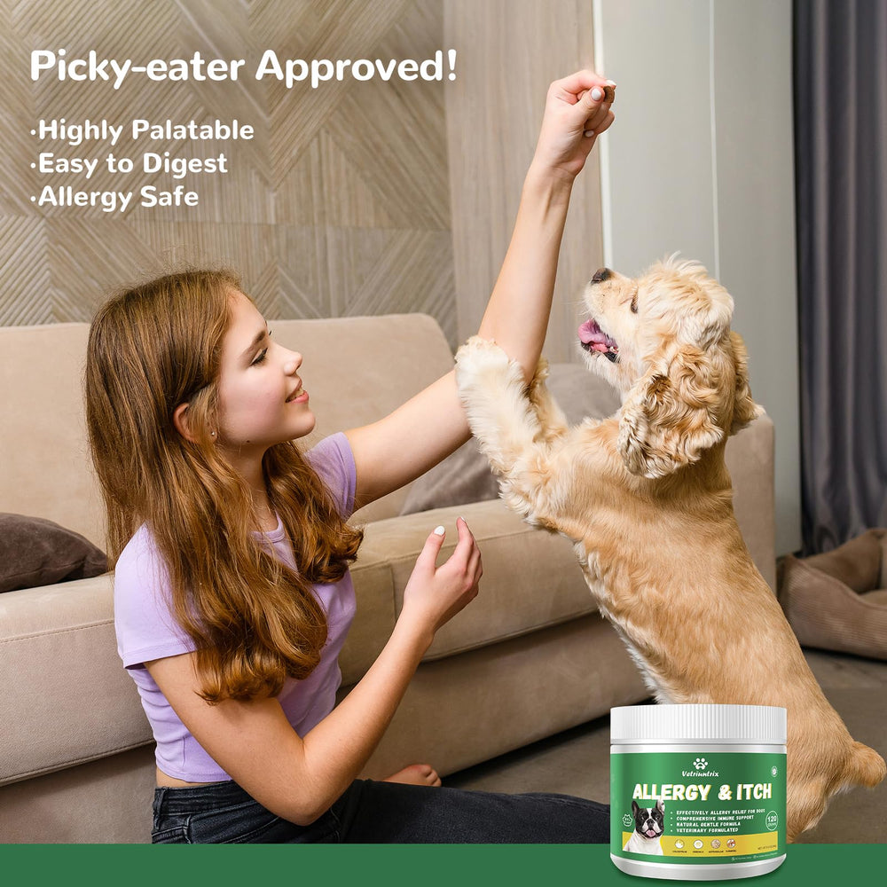 Vetriuntrix Dog Allergy Chews colostrum feature emphasizes immune support and vitality for dogs