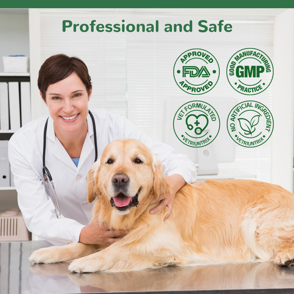Vetriuntrix Dog Allergy Chews nutritional panel emphasizes omega-3 and probiotic blend for gut health.