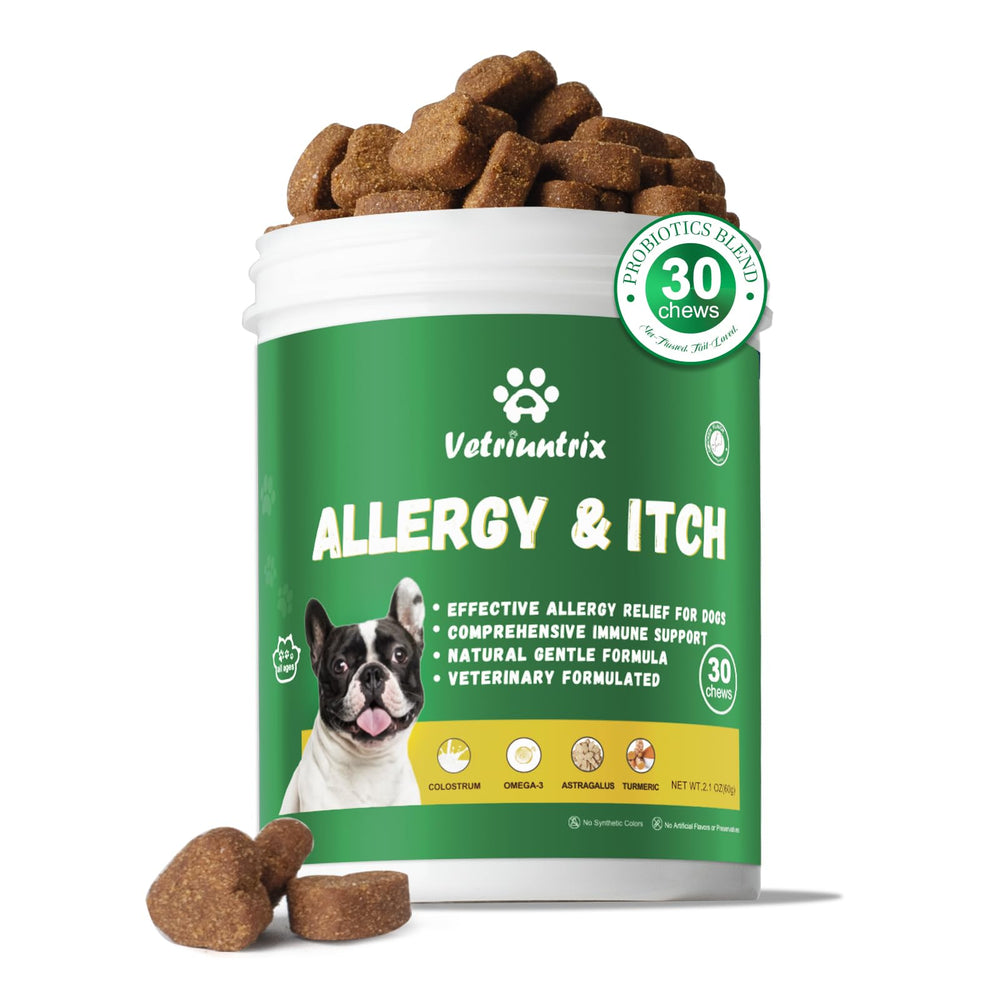 Vetriuntrix Dog Allergy Chews packaging shows grain-free formula for gentle allergy support.