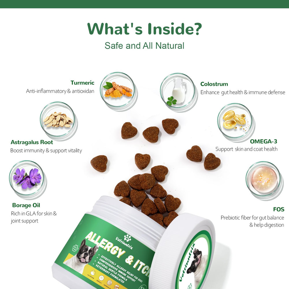 Vetriuntrix Dog Allergy Chews skin-irritation closeup conveys soothing texture and coat support