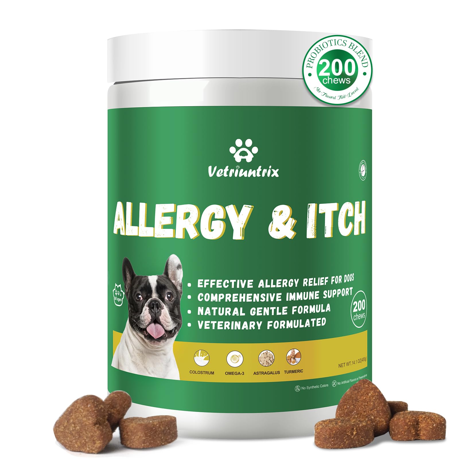 Vetriuntrix Dog Itching Relief Chews close-up for itchy skin relief and comfort.
