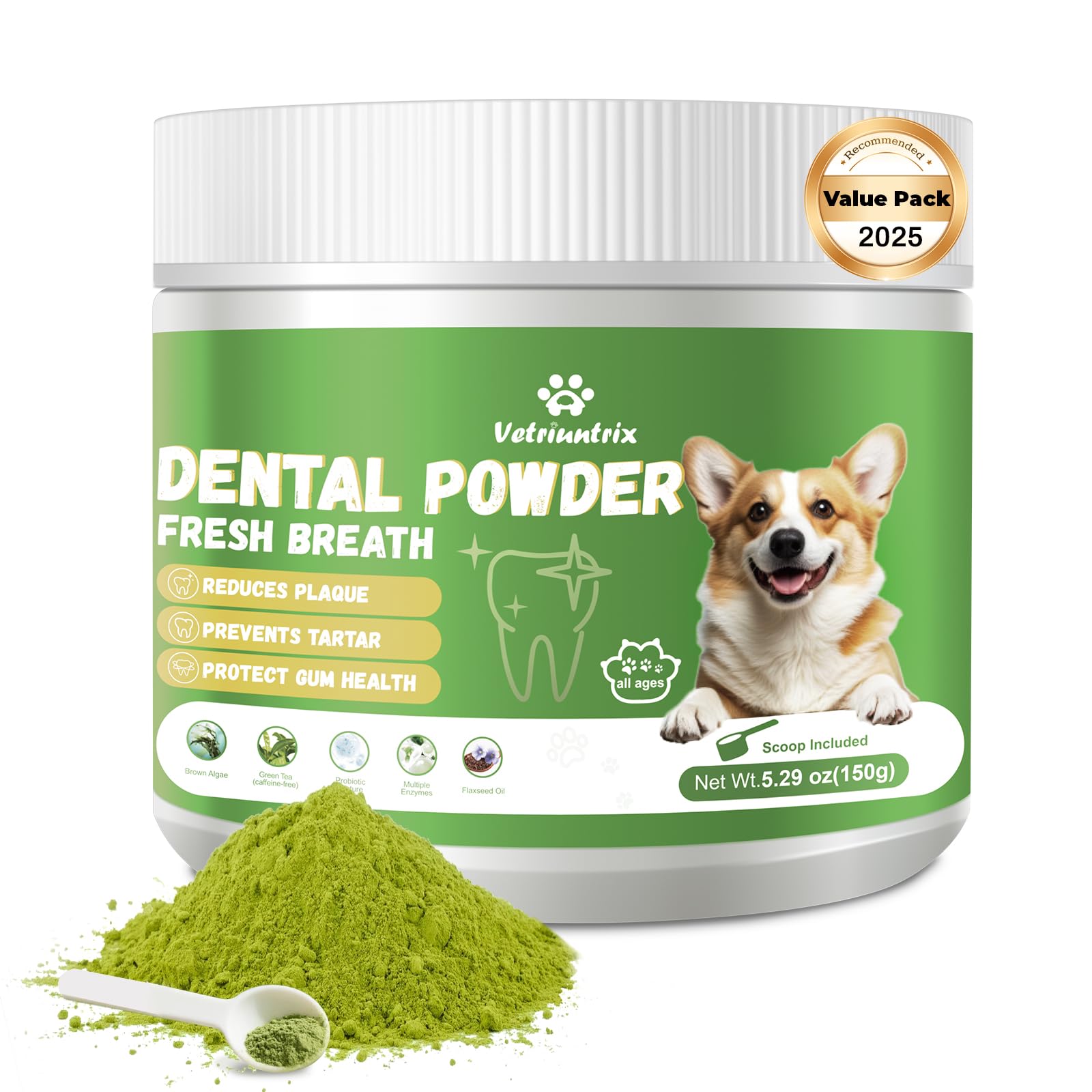 Vetriuntrix dog teeth cleaning powder bottle closeup highlighting natural formula for gum health