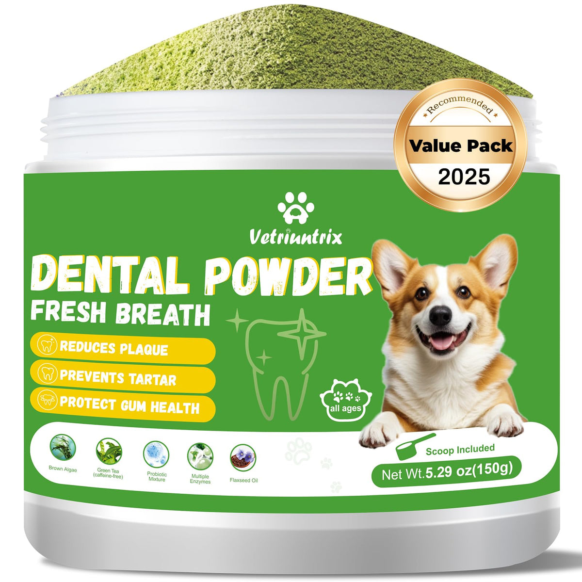Vetriuntrix dog teeth cleaning powder jar closeup showing fresh breath support.