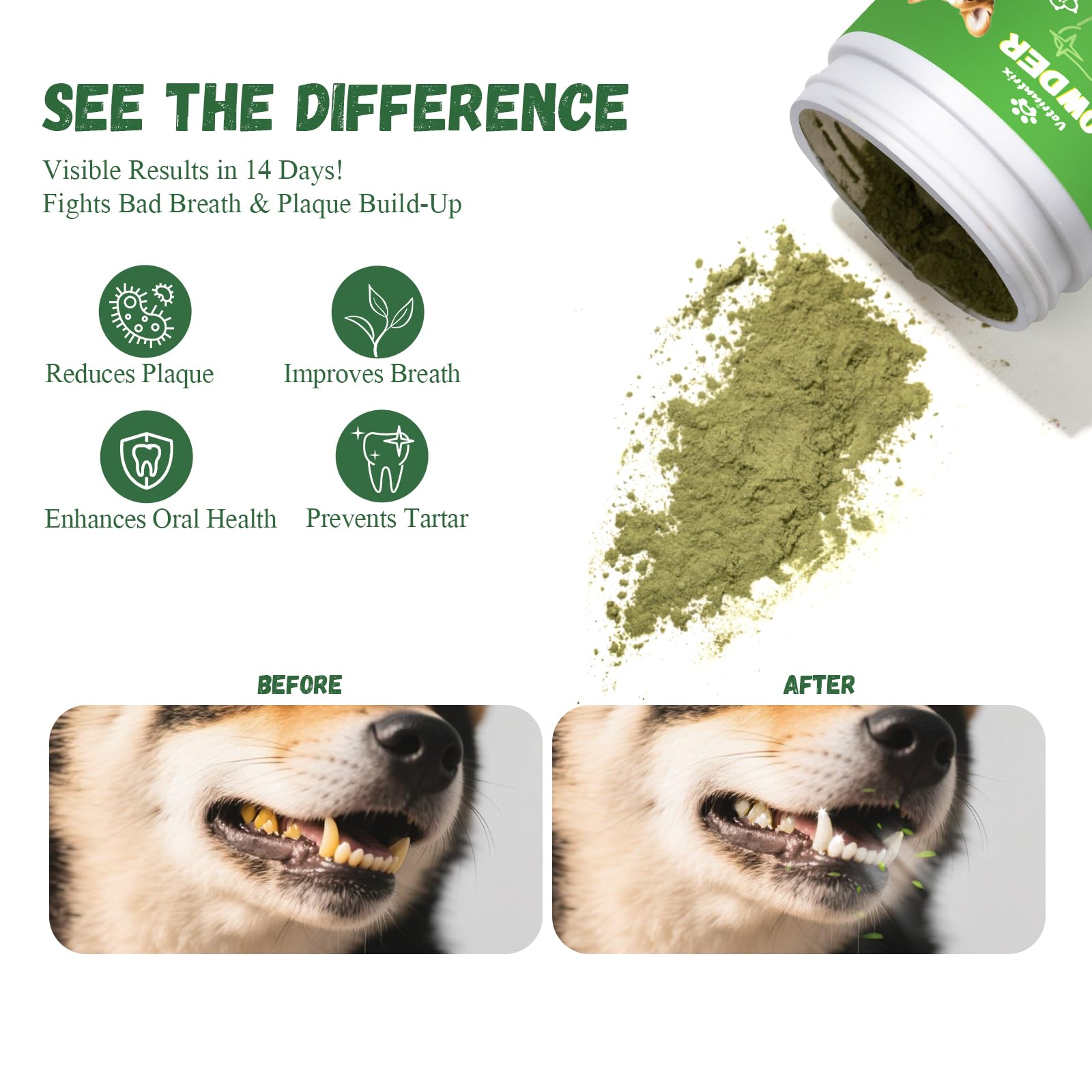 Vetriuntrix powder sprinkled on dog food bowl illustrating easy daily dental care routine.