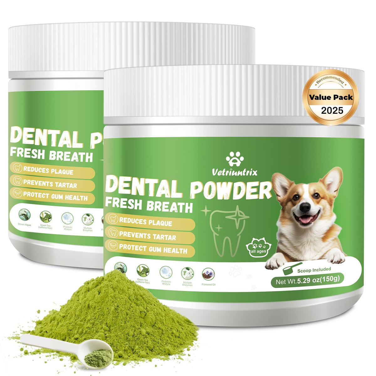 Vetriuntrix dog teeth powder packaging highlighting natural ingredients and vet formulation.