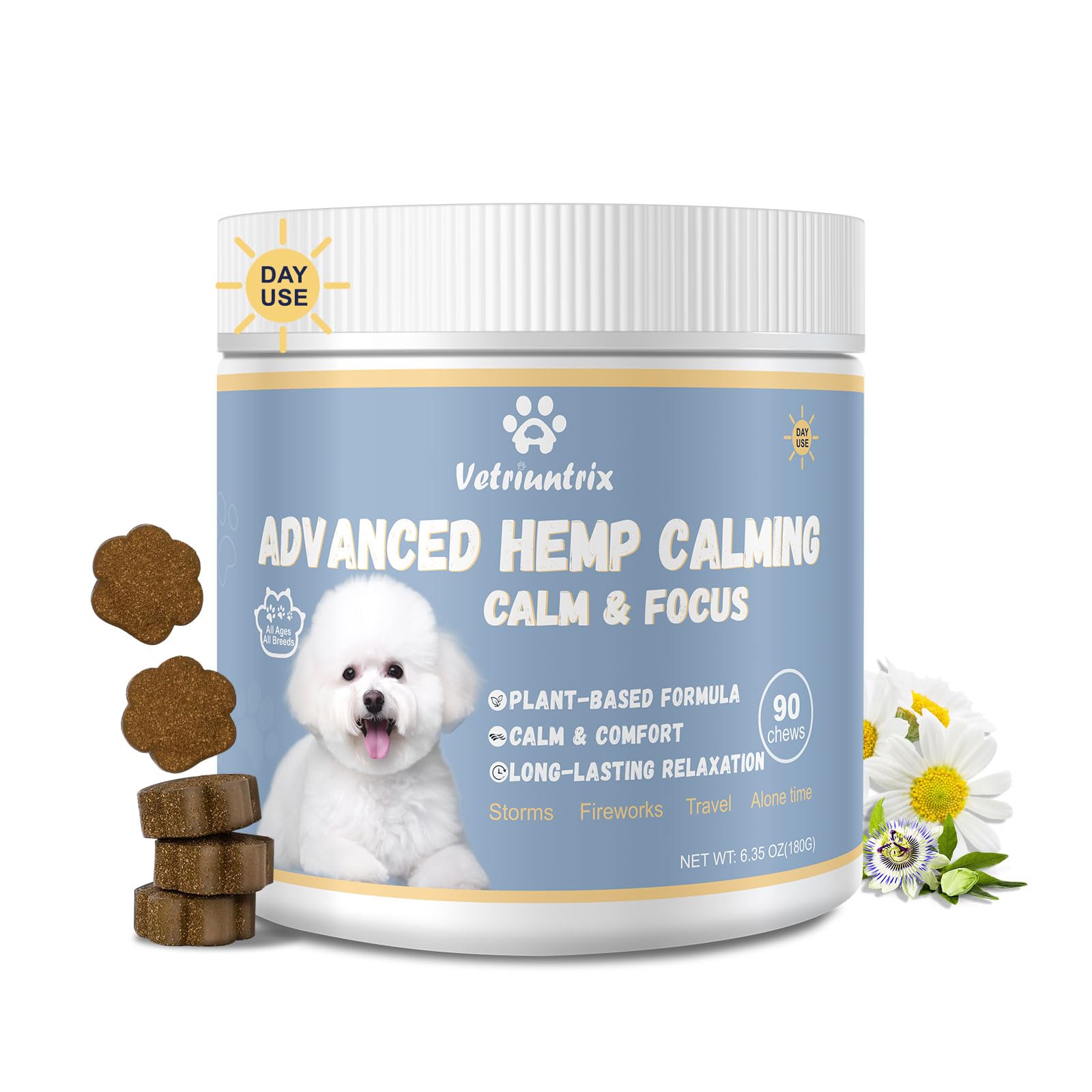 Vetriuntrix packaging with calming chews supports daily canine calm.