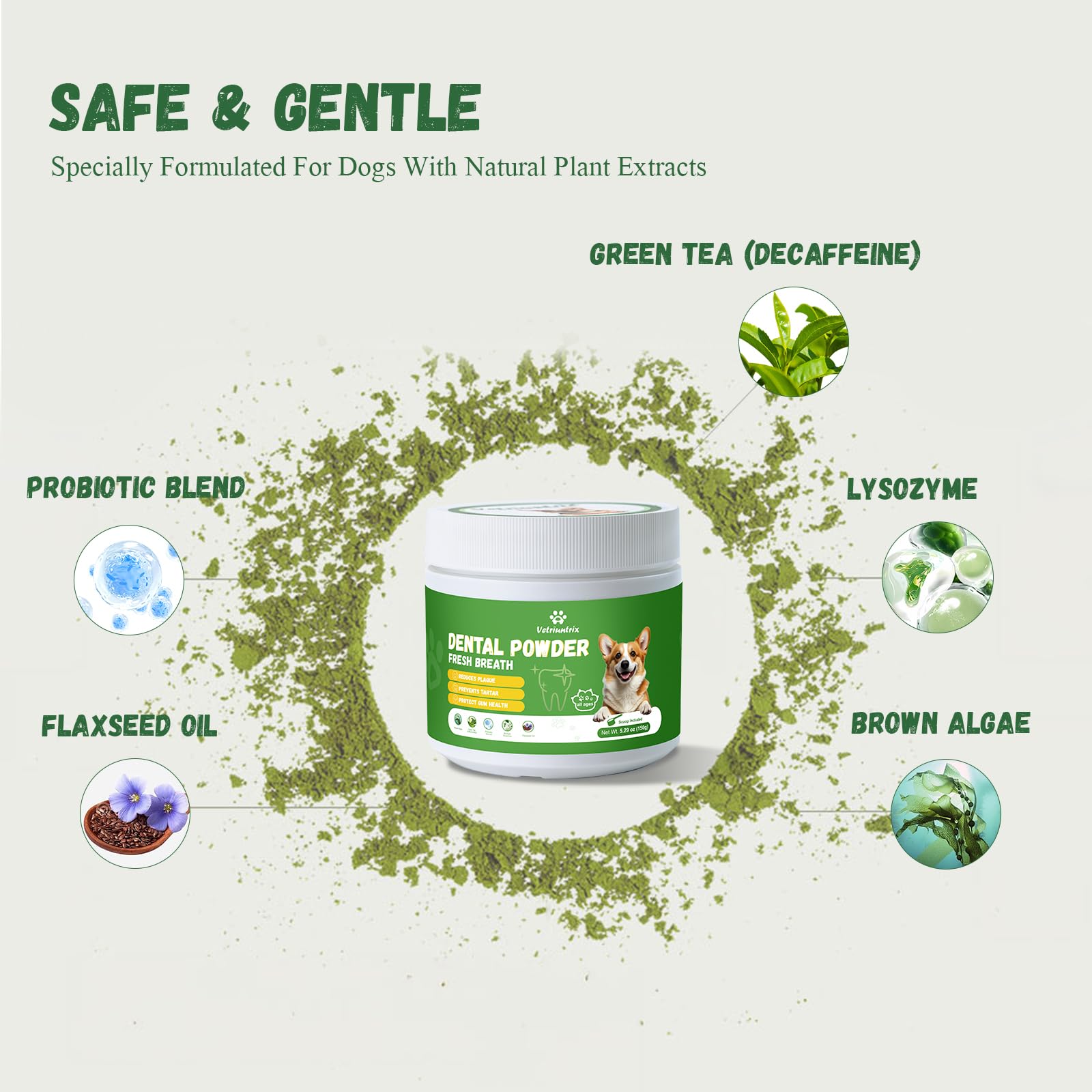 Vetriuntrix powder sprinkled on dog kibble for easy intake