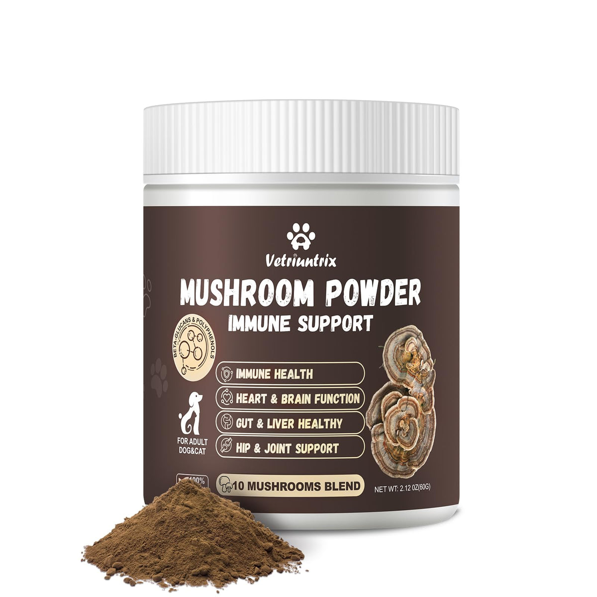 Vetriuntrix turkey tail powder bottle shows 45-day supply for immune support and joint wellness.