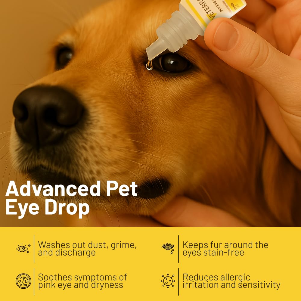 Veterra Pet Eye Drops dropper application on a dog's eye for gentle relief.