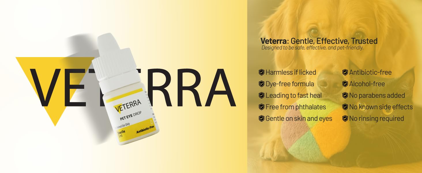 Turkey-made Veterra Pet Eye Drops ingredients highlight for safe veterinary use.