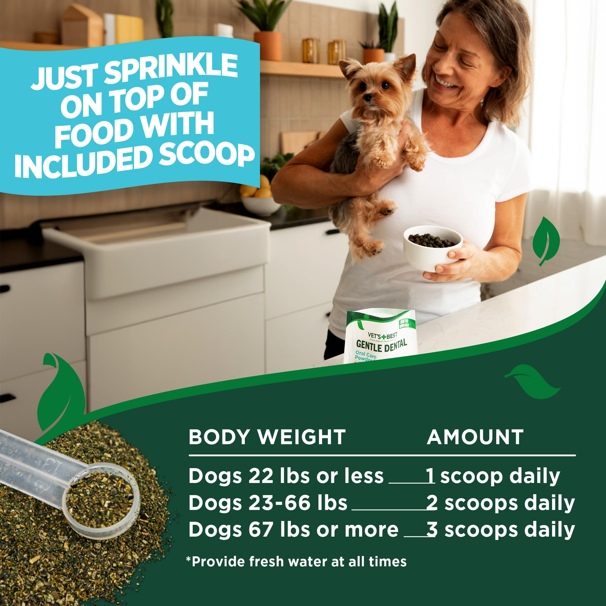 Vet’s Best dental powder packaging label emphasizes USA-made and quality