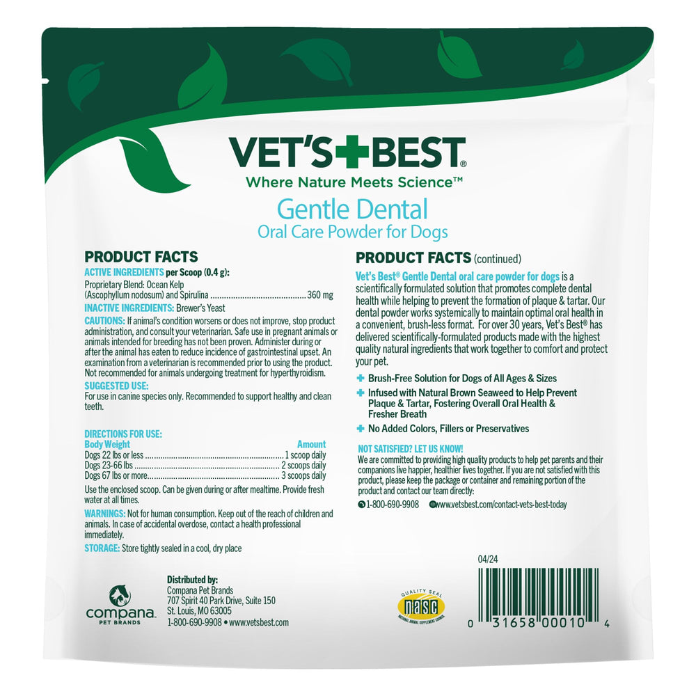 Vet’s Best dog dental powder bottle labeled for easy daily use and care