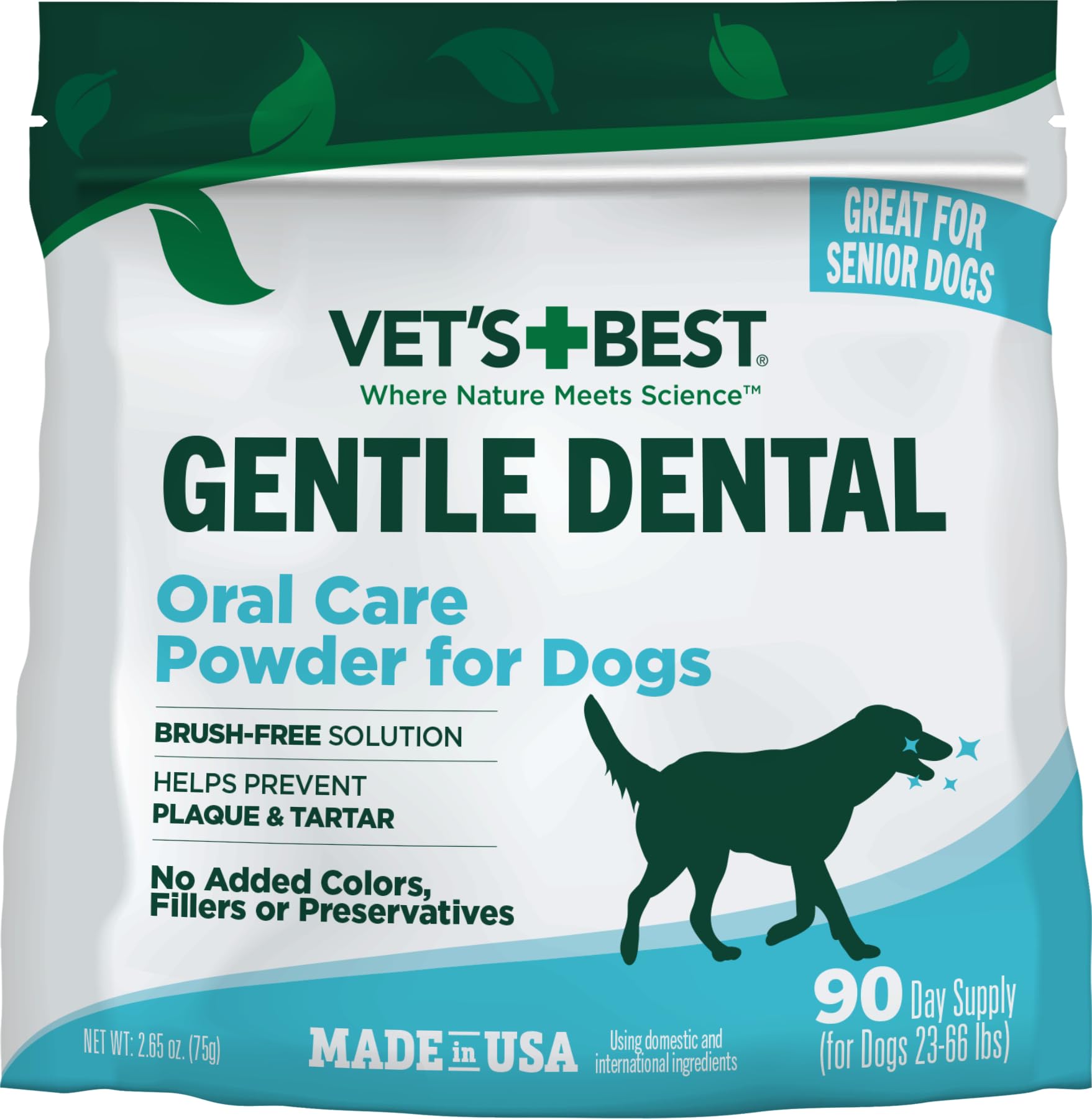 Vet’s Best dog teeth cleaning powder tub closeup showing creamy powder for fresh breath and dental support