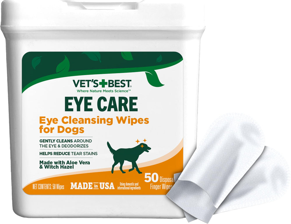 Vet's Best Eye Cleansing Wipes packaging for dogs shows tear stain care and gentle cleansing.