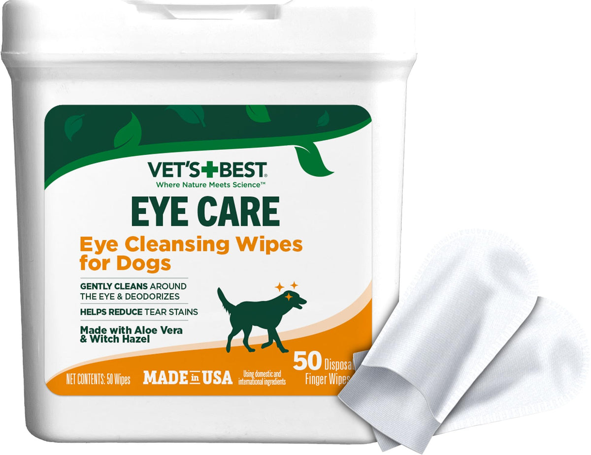 Vet's Best Eye Cleansing Wipes packaging for dogs shows tear stain care and gentle cleansing.