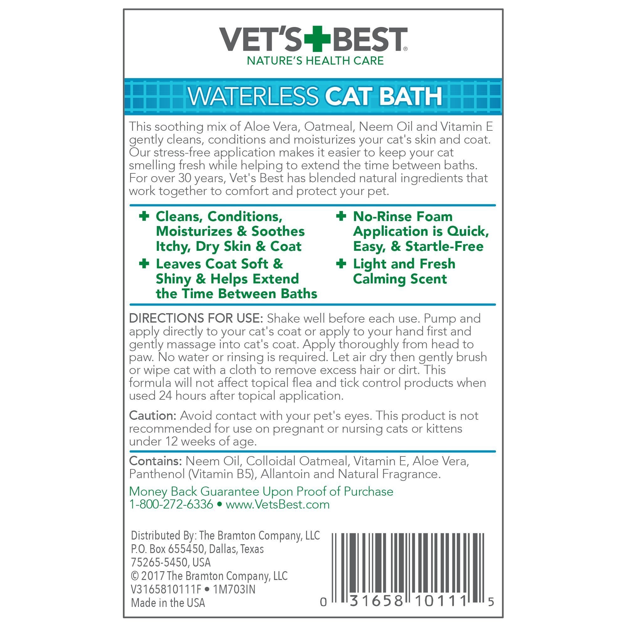 Vet's Best Waterless Cat Bath contains aloe vera neem oatmeal and vitamin E for skin conditioning.