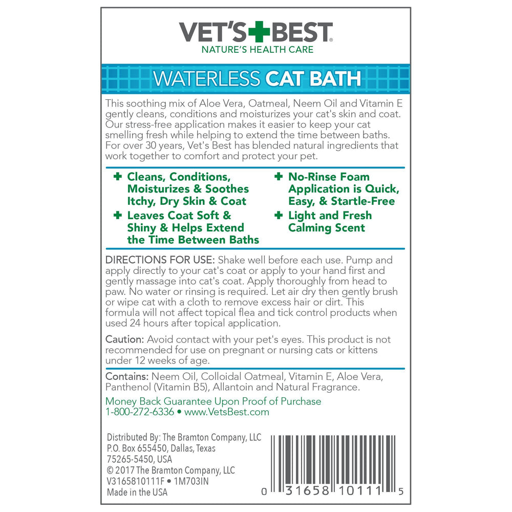 Vet's Best Waterless Cat Bath contains aloe vera neem oatmeal and vitamin E for skin conditioning.