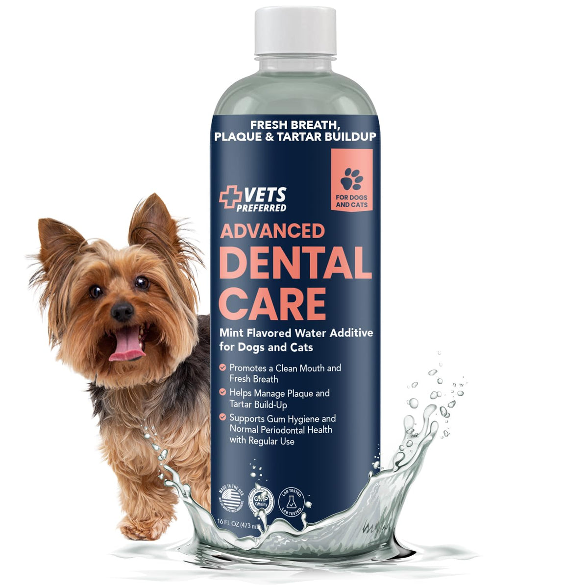 Vets Preferred dog breath freshener bottle promotes minty breath.