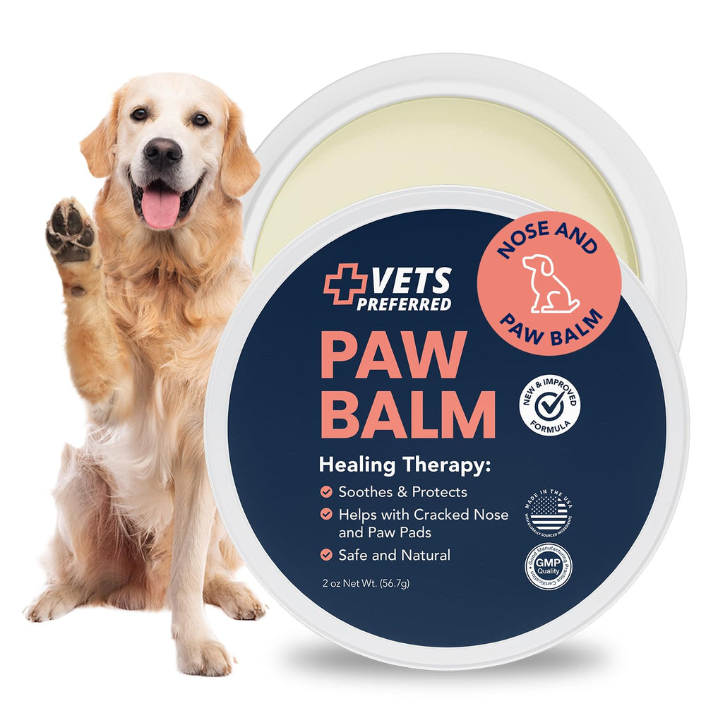 Vets Preferred Paw Balm jar closeup showing natural barrier for paws on rough surfaces