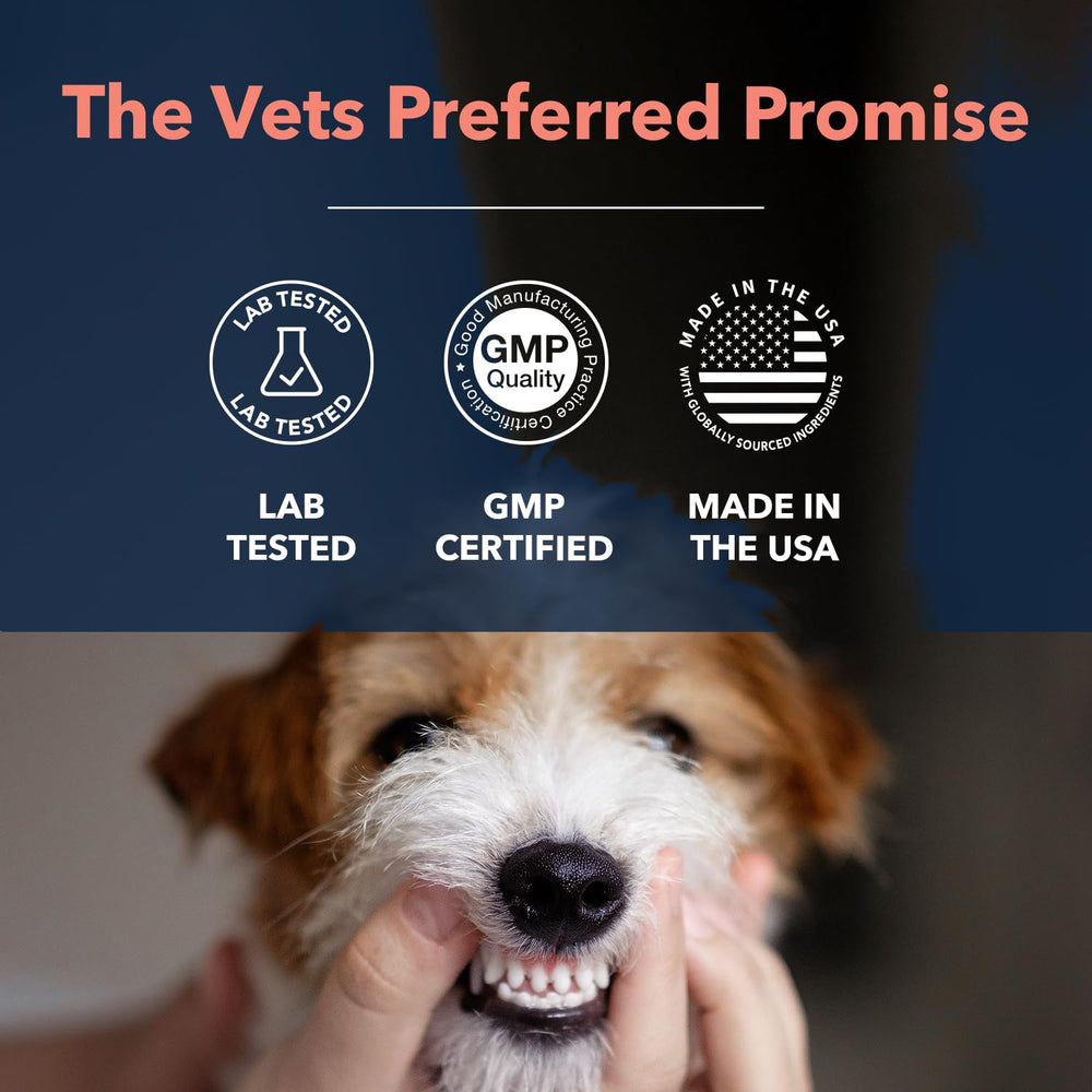 Vets Preferred anti-plaque solution aids tartar control for dogs.