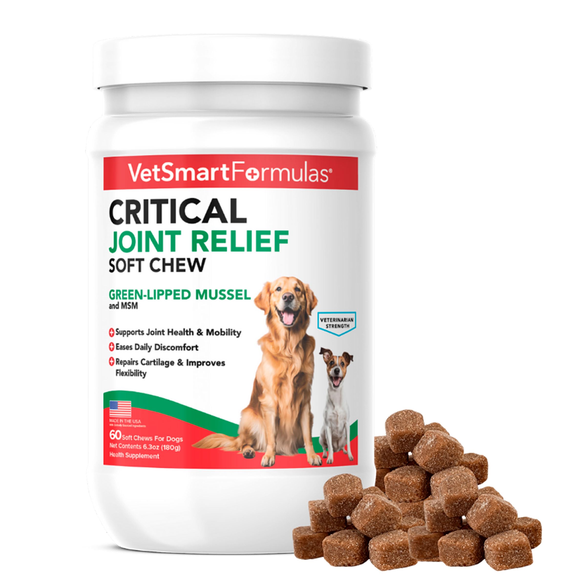 VetSmart Critical Joint Relief soft chews bottle closeup for daily joint support