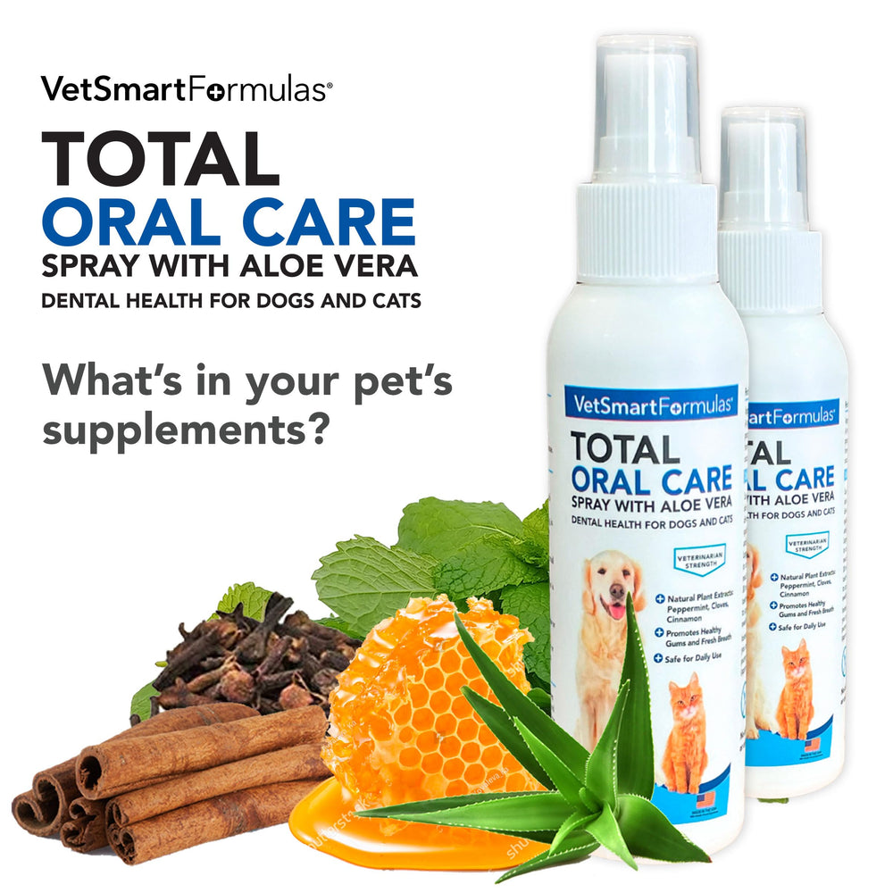 VetSmart Formulas oral care spray close-up applying Aloe Vera for gentle cleaning.