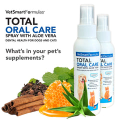 VetSmart Formulas oral care spray close-up applying Aloe Vera for gentle cleaning.