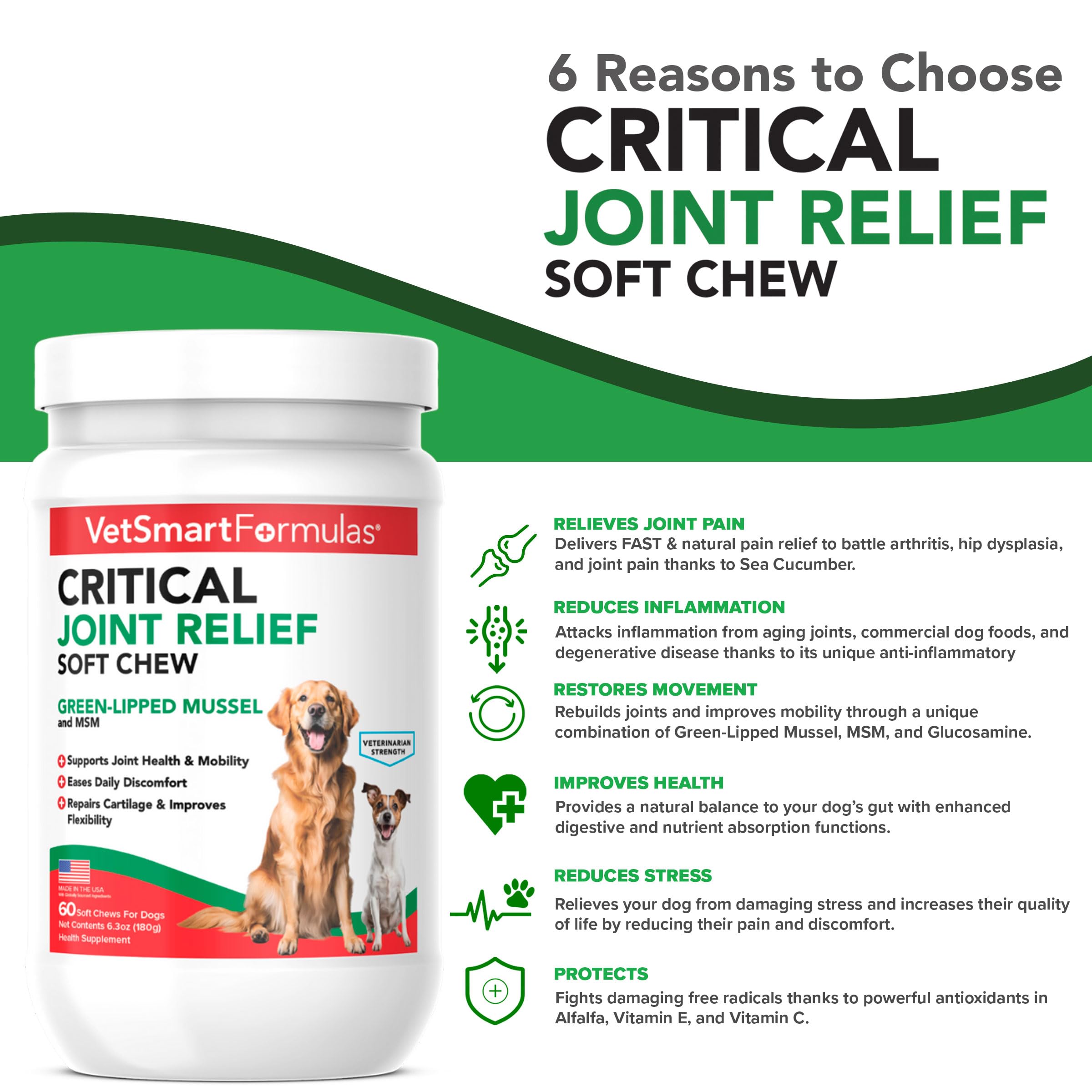VetSmart hip and joint support soft chews displayed beside a dog