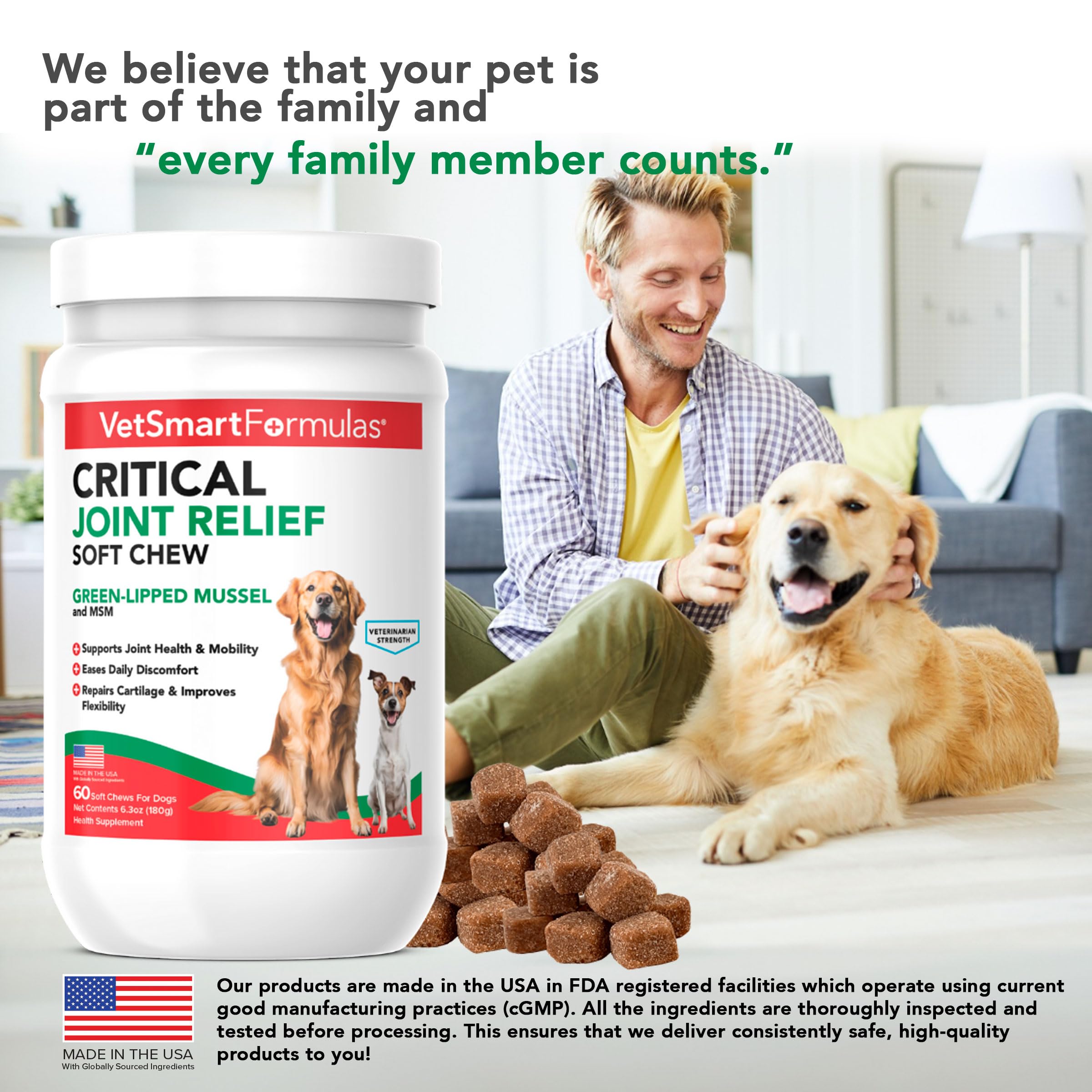 Dog in motion with VetSmart chews indicating improved mobility