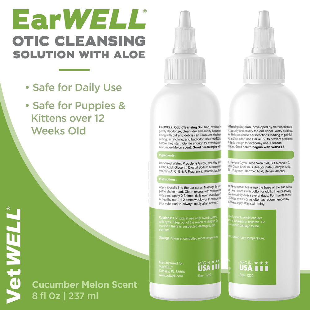 VetWELL Ear Cleaner aloe vera highlight suggesting soothing properties during cleaning.